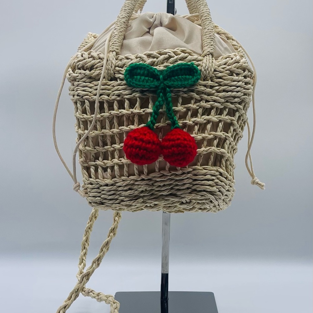 Handwoven Crossbody Bag with Cherry Crochet - Cream